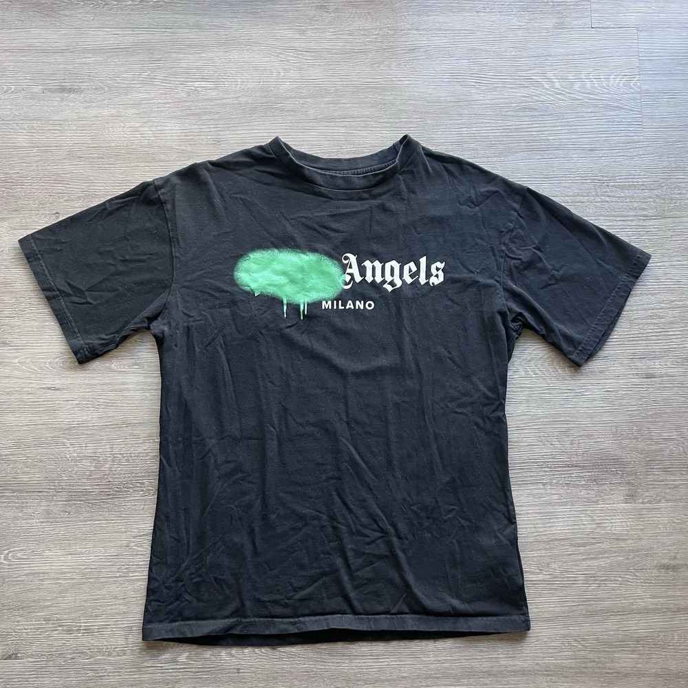 Palm Angels Milano Sprayed Logo T-Shirt Black Green Streetwear Designer Sz L